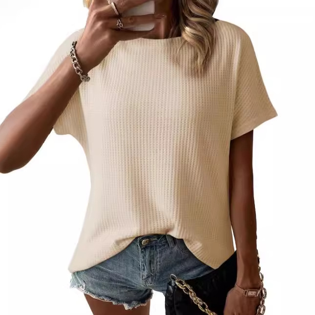 2024 Cross-border Trade Women's Casual Short-sleeved Waffe Knitted Shirt Loose Summer Top 2024 Cross-border Trade Women's Casual Short-sleeved Waffe Knitted Shirt Loose Summer Top