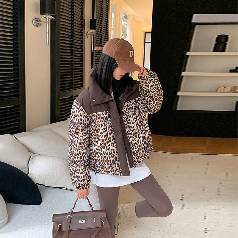 豹纹羽绒棉服女短款2025冬季新款加厚保暖面包服chic立领棉衣外套|undefined