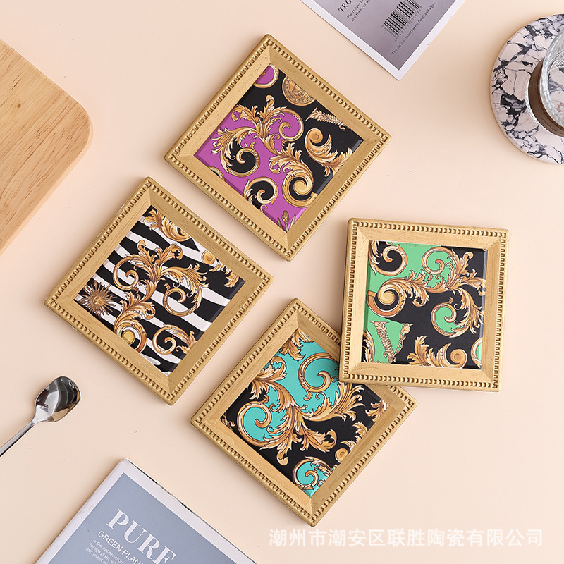 Creative Picture Frame with Grass Pattern Ceramic Absorbent Coasters Wholesale DIY Non-Slip Heat Insulation Uv Printing Light Luxury Cork Stickers