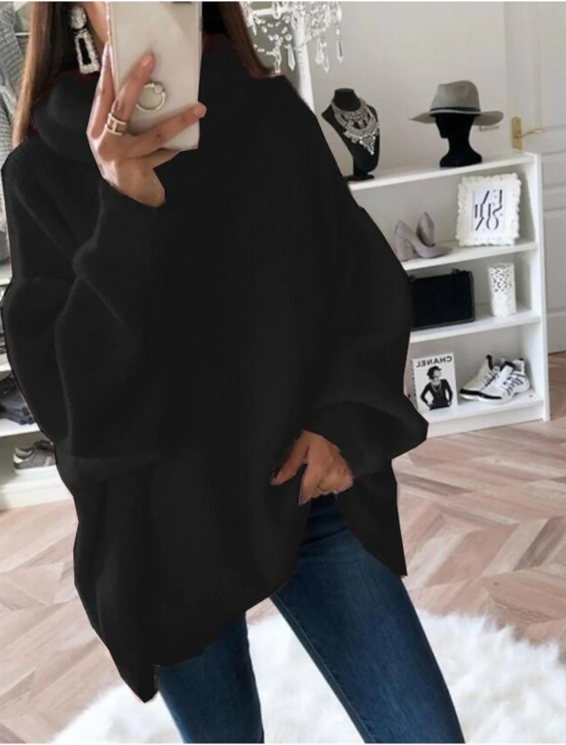 Polyacrylonitrile Fiber Fabric Patchwork Design Fashion Style Fashion Solid Color Polyacrylonitrile Fiber Turtleneck Long Sleeve Bishop Sleeve Patchwork Sweater