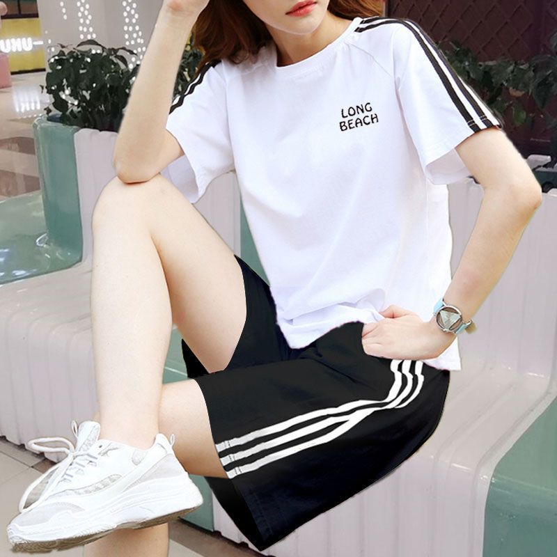 코튼 여름 캐주얼웨어 세트 여성 여름 새 플러스 사이즈 느슨한 학생 반바지 스포츠 투피스 세트