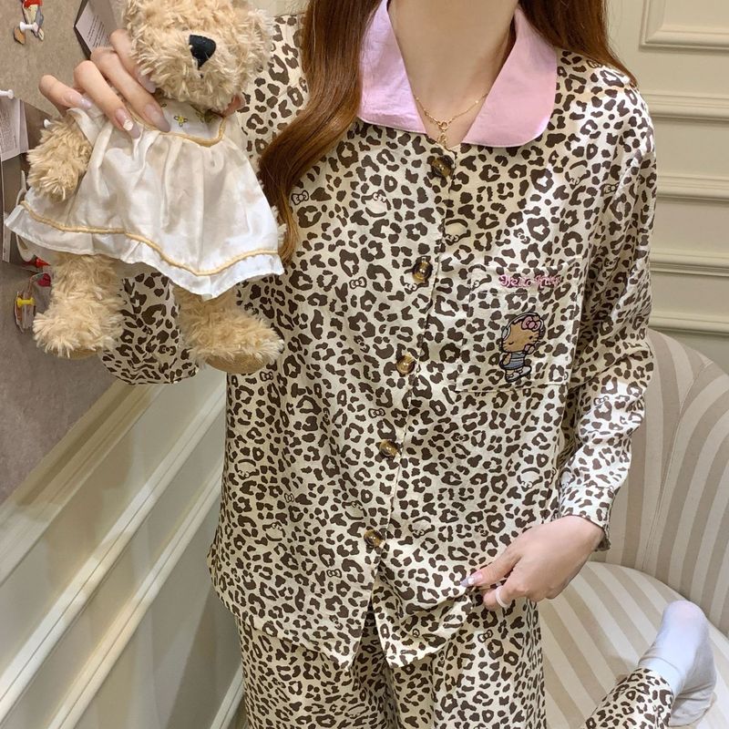 睡衣女春秋季新款带胸垫长袖长裤天丝棉甜酷豹纹可外穿家居服套装|undefined