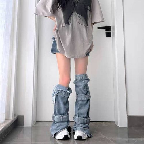 Denim leg covers hot girl subculture niche design stockings y2k personalized straps versatile pile socks trendy