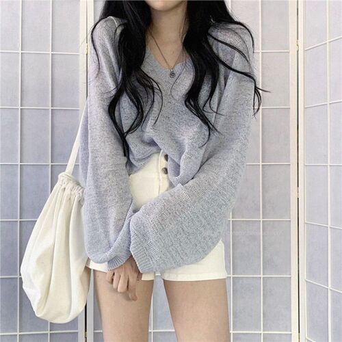 Gentle Wind Korean Style Casual Long-Sleeve T-Shirt Women Summer Thin Knit Sun Protection Cover-up Soft Milky Blue Top