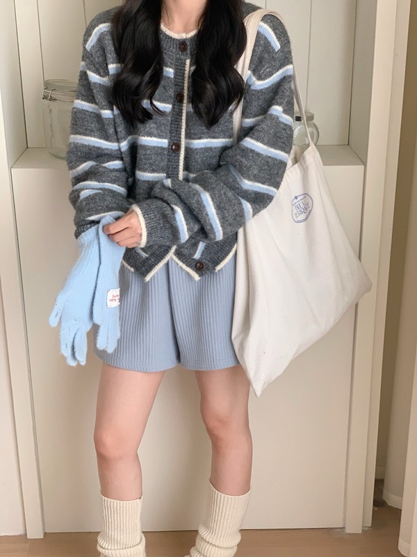 撞色条纹纽扣针织开衫女秋季新款日韩休闲慵懒风百搭显瘦上衣25|undefined