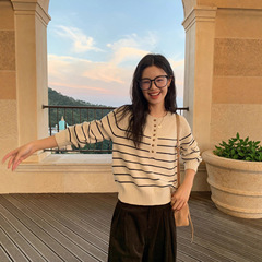 pusumede 暮色微风 条纹毛衣女秋冬圆领显瘦休闲羊毛针织衫上衣