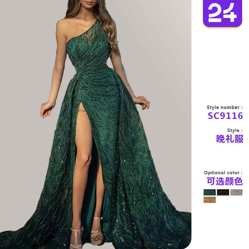 2025 Cross-Border Spring and Summer New European and American Clothing Slanted Shoulder Slit Long Skirt Toast Dress Sequined Suspender Evening Dress 2025 Cross-Border Spring and Summer New European and American Clothing Slanted Shoulder Slit Long Skirt Toast Dress Sequined Suspender Evening Dress