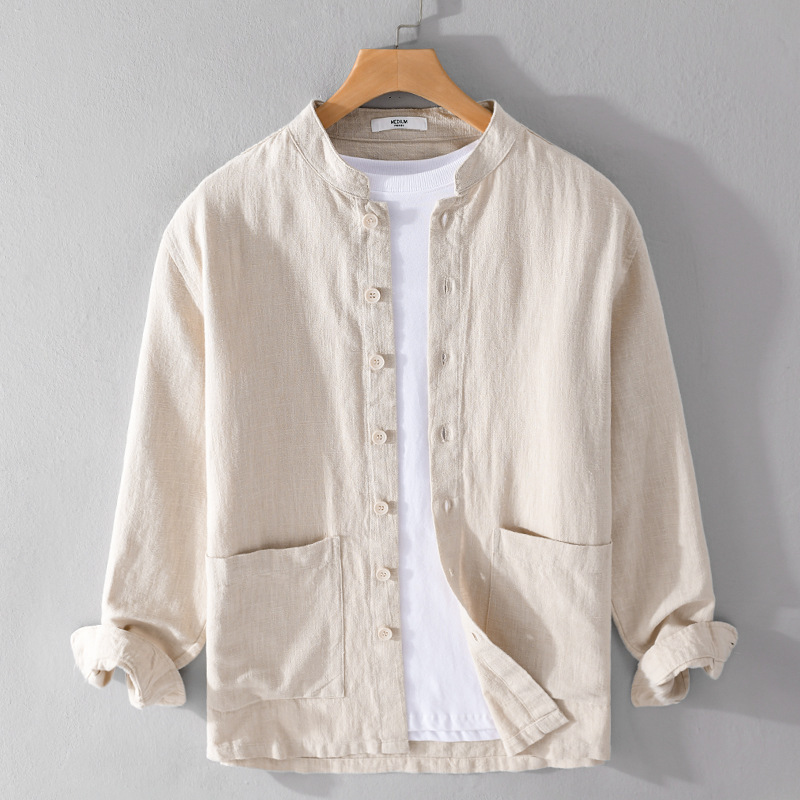 9905 spring and autumn Ramie men's long-sleeved shirt casual loose simple all-match men's Chinese style youth shirt