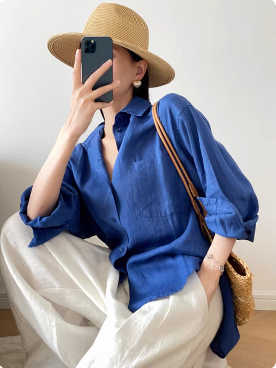 Áo sơ mi nữ linen Pháp Klein Blue dáng rộng chống nắng mùa hè — màu trắng, Xanh da trờicolor