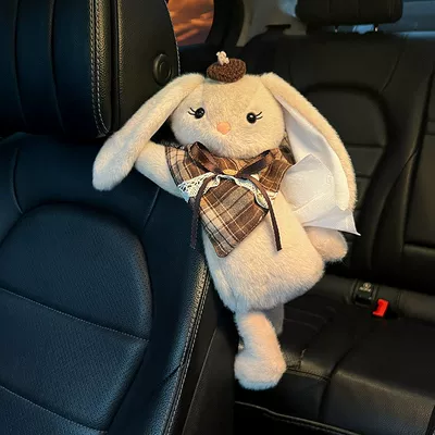 Car tissue box/set and High-End Feel, Hanging Type, Cute - brown-plaid-hat-khaki-long-eared-rabbit-tissue-hanging-bag