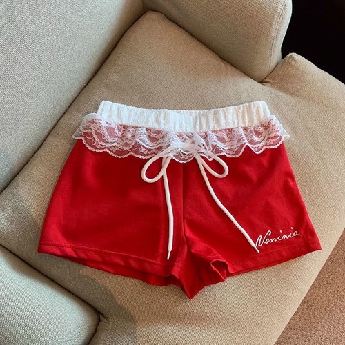 Sweet and Spicy Girl Red Low-Waist Splicing Lace Edge Casual Pants for Women Summer Fashion Versatile Casual Pencil Skirt Shorts