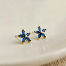 S925纯银镀18K金蓝色锆石小花耳钉女 镶钻小清新气质时尚百搭耳饰