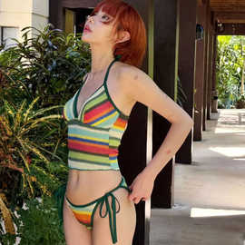 民族风复古跨境学生2026韩国新款温泉彩色针织条纹三角分体泳衣女