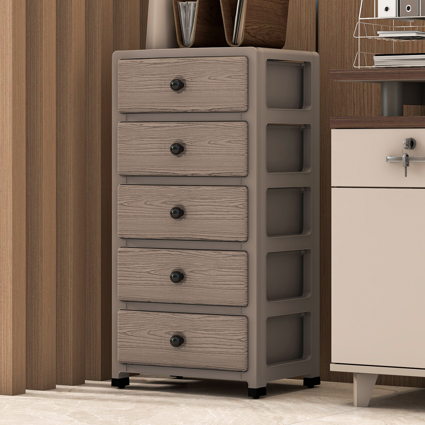 Household plastic storage cabinet, living room snack and toy storage cabinet, bedroom drawer-style children's faux wood grain bedside table
