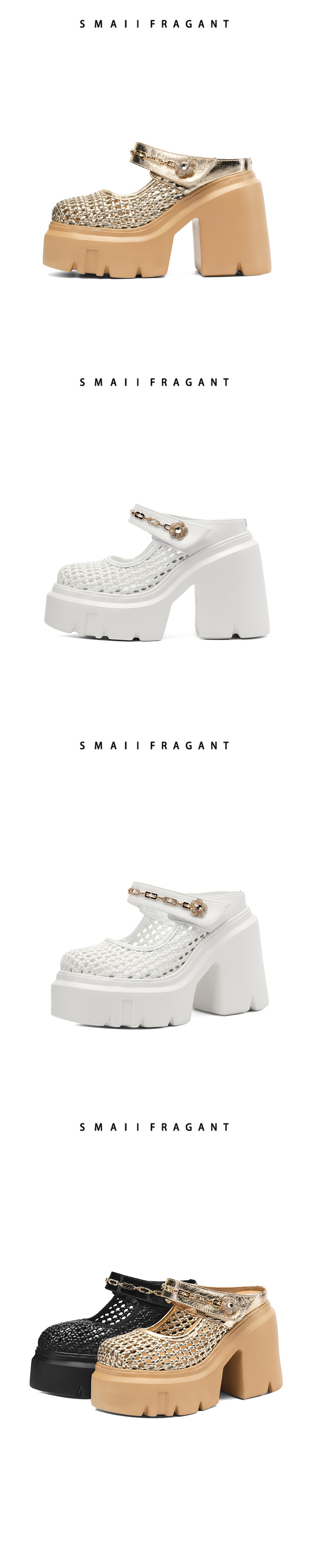 Sandal bít mũi đế dày 12cm tăng chiều cao, dệt lưới rỗng, dép lê cao gót Muller — Màu đen, Màu vàng nhạt, Màu trắng chi tiết 16