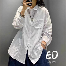 气质简约棉麻衬衫女翻领纯色2025春新款宽松百搭文艺复古开衫上衣