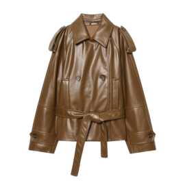 速卖通批发春季新款女装百搭翻领双排扣长袖系腰带仿皮夹克外套