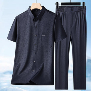 2025 New Middle-Aged and Elderly Summer Tang Suit Men's Ice Silk Short-Sleeved Shirt Chinese Style Dad Casual Suit
