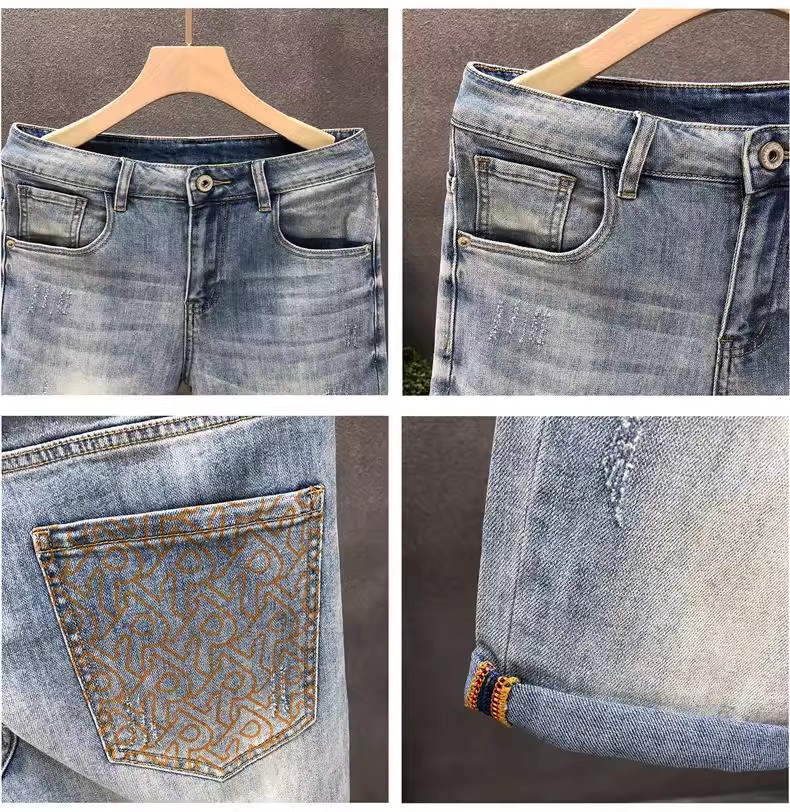 Light Blue Men's Distressed Denim Shorts High Waist Stylish Straight Leg Mid-Length Five Pocket Summer Trendy Clothing_mkmklike.com