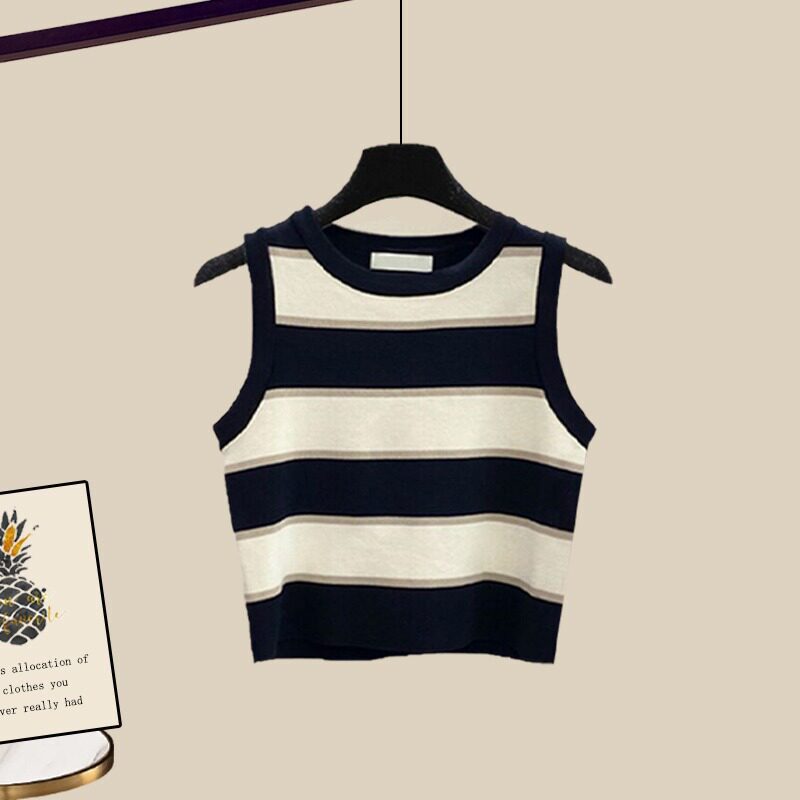 American retro sweet and cool short knitted striped camisole for women, summer outerwear, sleeveless top that covers side breasts