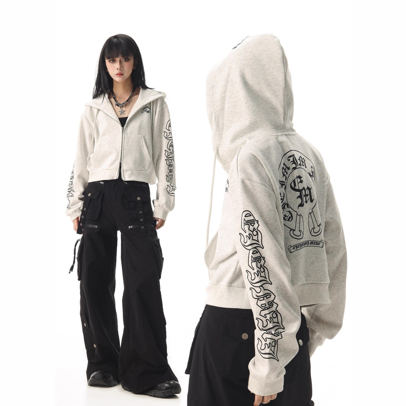 American-Style Niche Letter Print Sleeve Edge Stand Collar Hooded Sweatshirt for Women, Loose Versatile Trendy Hip-Hop Cardigan Top