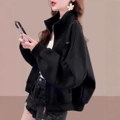 大码高级感黑色卫衣外套女2025秋冬新款胖mm宽松休闲短款开衫上衣