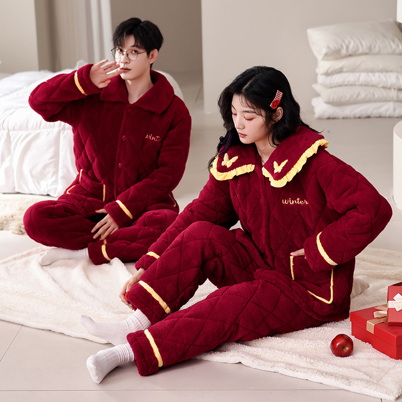 따뜻한 커플 잠옷 겨울 3 층 두꺼운 산호 양털 면 패딩 자켓 플러스 사이즈 빨간 가족 년 웨딩 홈 옷