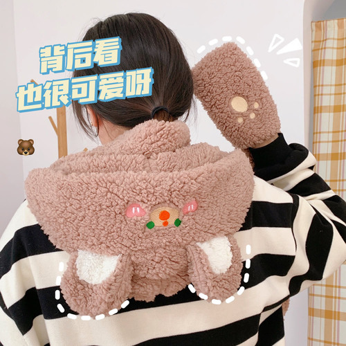 Cute Rui Rui rabbit ear protection hat and scarf one-piece female autumn and winter sweet student hooded plush warm Korean version trendy
