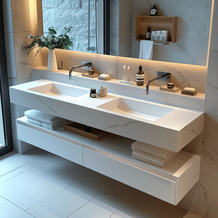 New Bathroom Custom-Made Double Basin Hotel-Style Bathroom Cabinet Slate Hot-Bent Seamless Ceramic Integrated Washbasin Combination