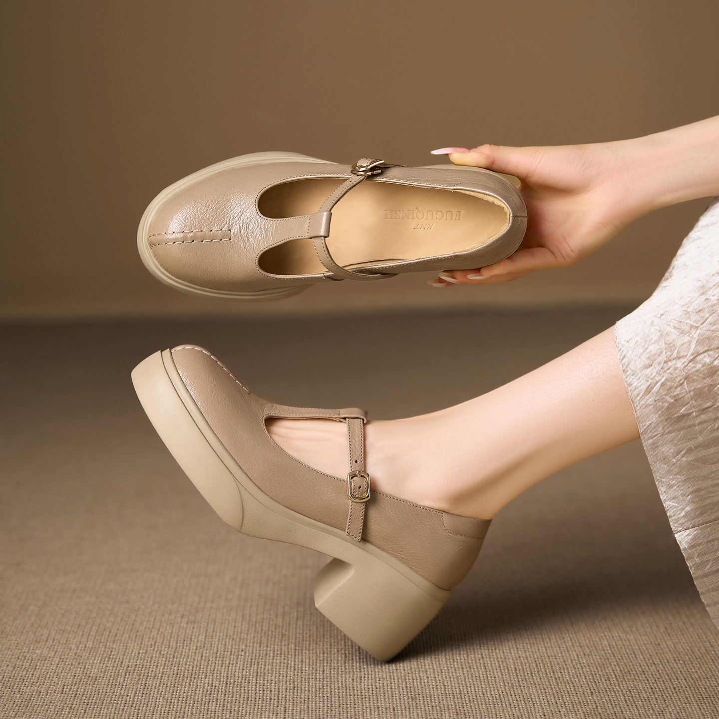 Giày Mary Jane nữ da cừu đế dày gót vuông 6,5 cm quai ngang khóa — đen