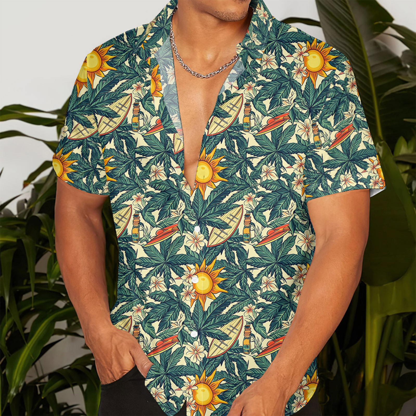 独立站跨境新款夏威夷风格多色元素印花男士开衫夏季短袖衬衫