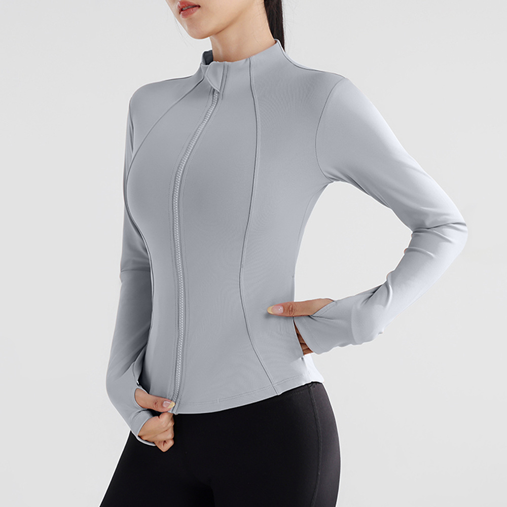 Nuevo cross-border damas chaqueta deportiva fitness delgada espalda cremallera manga larga running top yoga