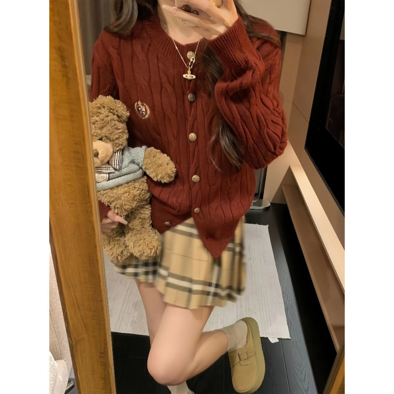 美式复古系粗麻花刺绣针织开衫女2025年秋冬季学院风毛衣外套上衣|undefined