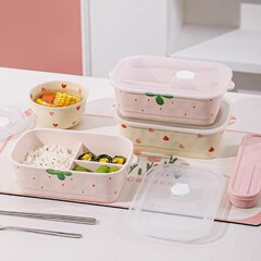 草莓陶瓷分隔饭盒上班族带饭餐盒学生专用三格便当盒微波炉加热