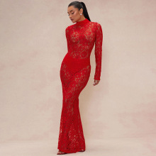 D24DS559欧美亚马逊2025春网纱蕾丝半高领长袖女装修身礼服连衣裙