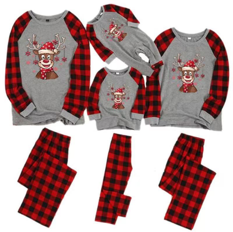 Vánoční kostkovaný kostkovaný oblek s dlouhým rukávem, pyžamo, domácí oblečení, kalhoty, oblek pro rodiče a děti_voghion.com