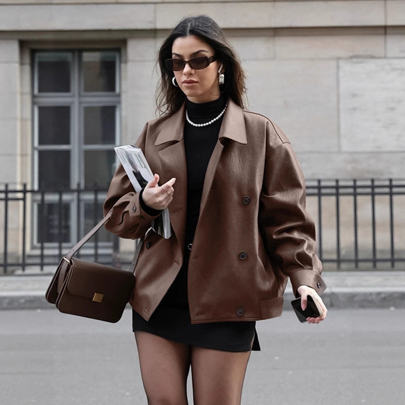 Cross-Border Retro Brown Leather Jacket for Women European and American High-End Loose Suit Collar Leather Jacket Mid-Length Women's Clothing