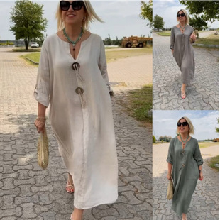2025 Summer European and American New Casual Loose Women's Solid Color Simple dress