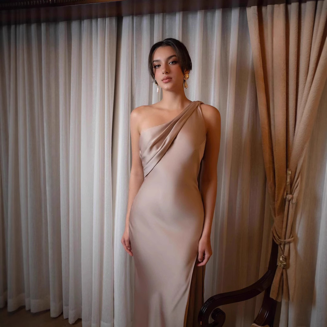 Elegant Socialite One‑Shoulder Satin Mermaid Slimming Bodycon Long Party Dress_ecoleips.com