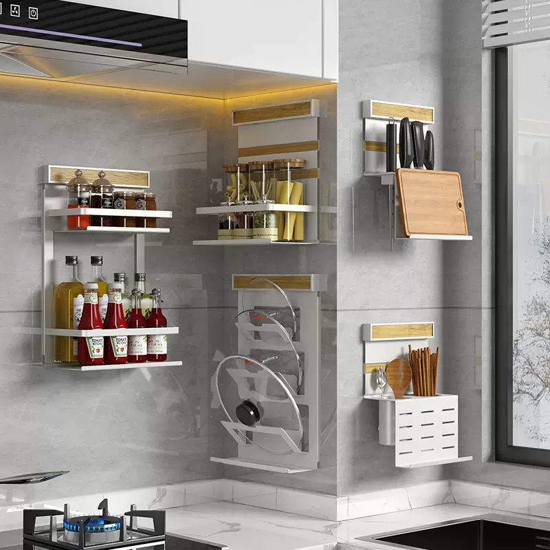 厨房收纳置物架免打孔壁挂式多功能架子挂架耐磨防锈锅盖筷勺架