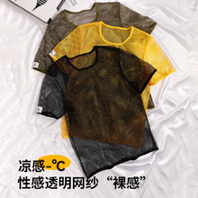 2025新款夏季男士网眼镂空短袖透气运动短袖T恤 欧美性感情趣套装