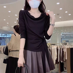 2025早秋新款百搭修身长袖T恤女韩系ins风荡领系带收腰气质上衣潮