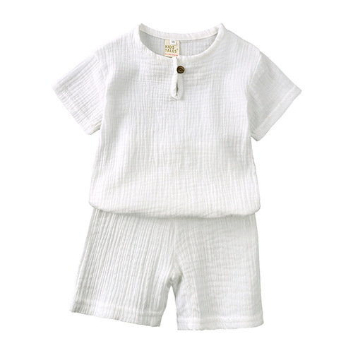 Children's clothing boys and girls short-sleeved summer suit children's cotton and linen button short-sleeved T-shirt shorts thin two-piece set
