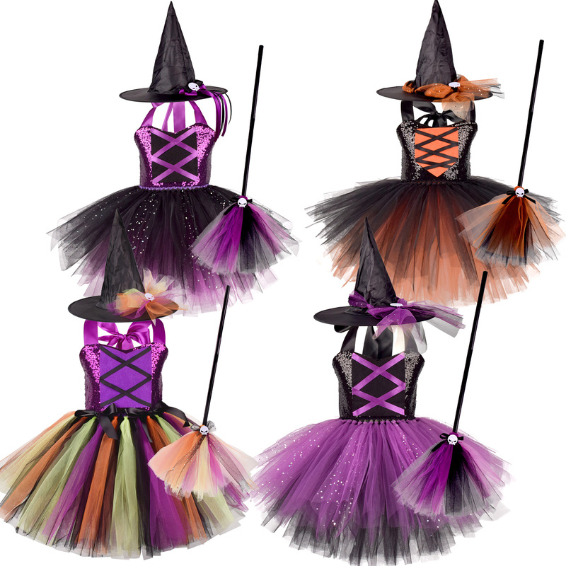 ハロウィーン国境を越えた新商品子供のスパンコール魔女ワンピース3点セット欧米の女の子パーティーcosコスチューム|undefined