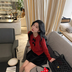 陈大钰别致绝美红色圣诞毛衣女秋冬设计感蝴蝶结亮片针织开衫上衣