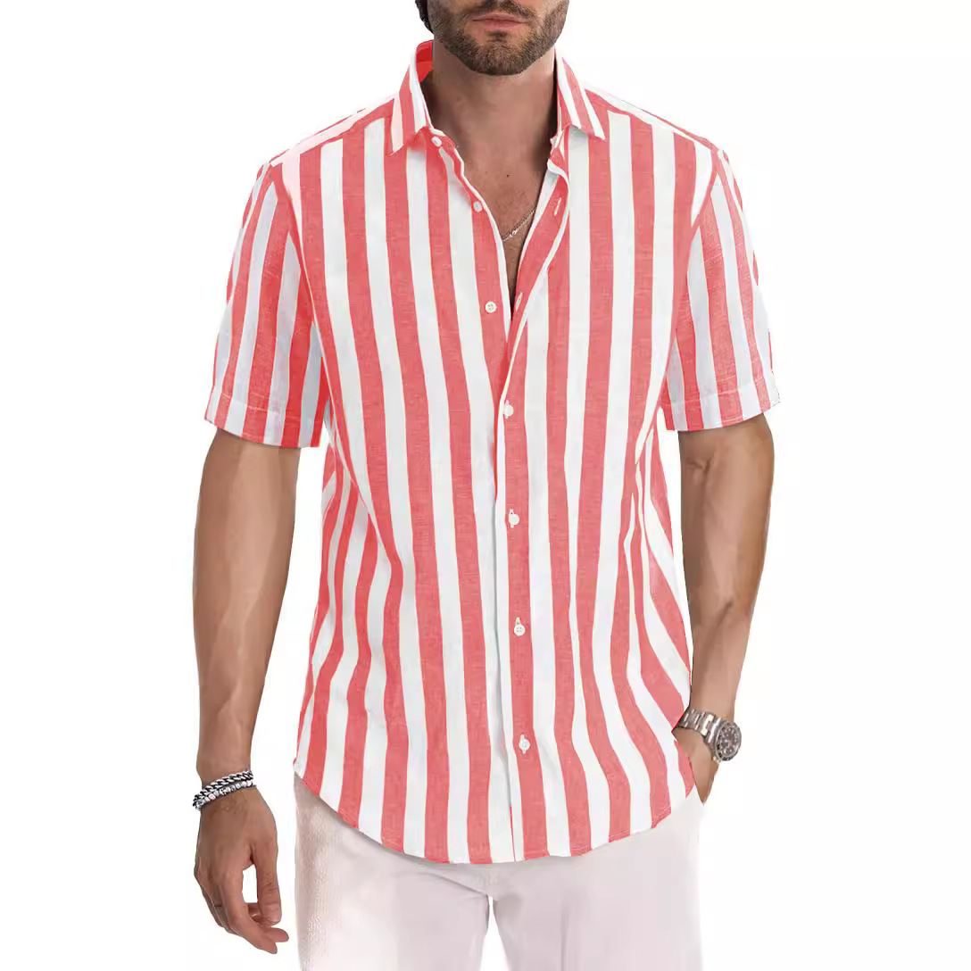 Monochrome Man – Grenzüberschreitendes Sommerhemd für Herren im europäischen und amerikanischen Stil: Strand, Freizeit, Sport, gestreift, Kurzarm, Umlegekragen_voghion.com