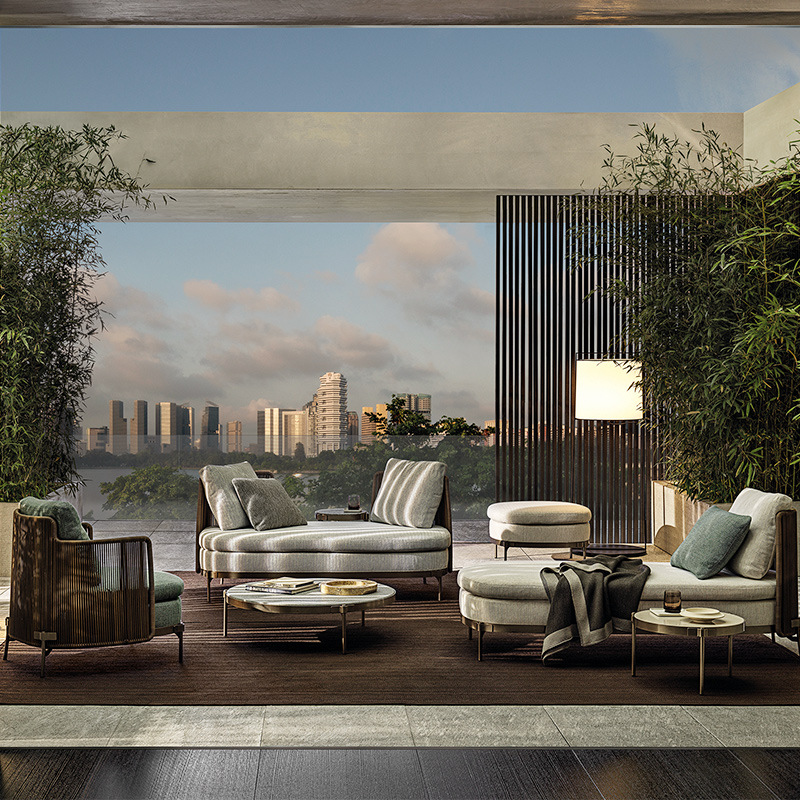 Diseñador de sofá al aire libre nórdico silla de lujo ligera trenzada de caña villa área de alojamiento residencial hotel patio área de ocio muebles