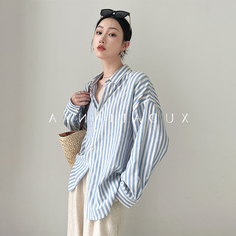 男友风蓝白条纹衬衫外套女春秋季薄款宽松慵懒风叠穿长袖上衣衬衣|undefined