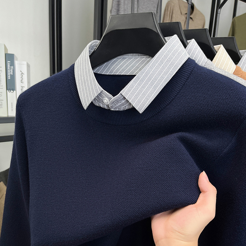 加厚男士毛衣假两件2025秋冬季新款衬衫领休闲打底针织衫男高级感