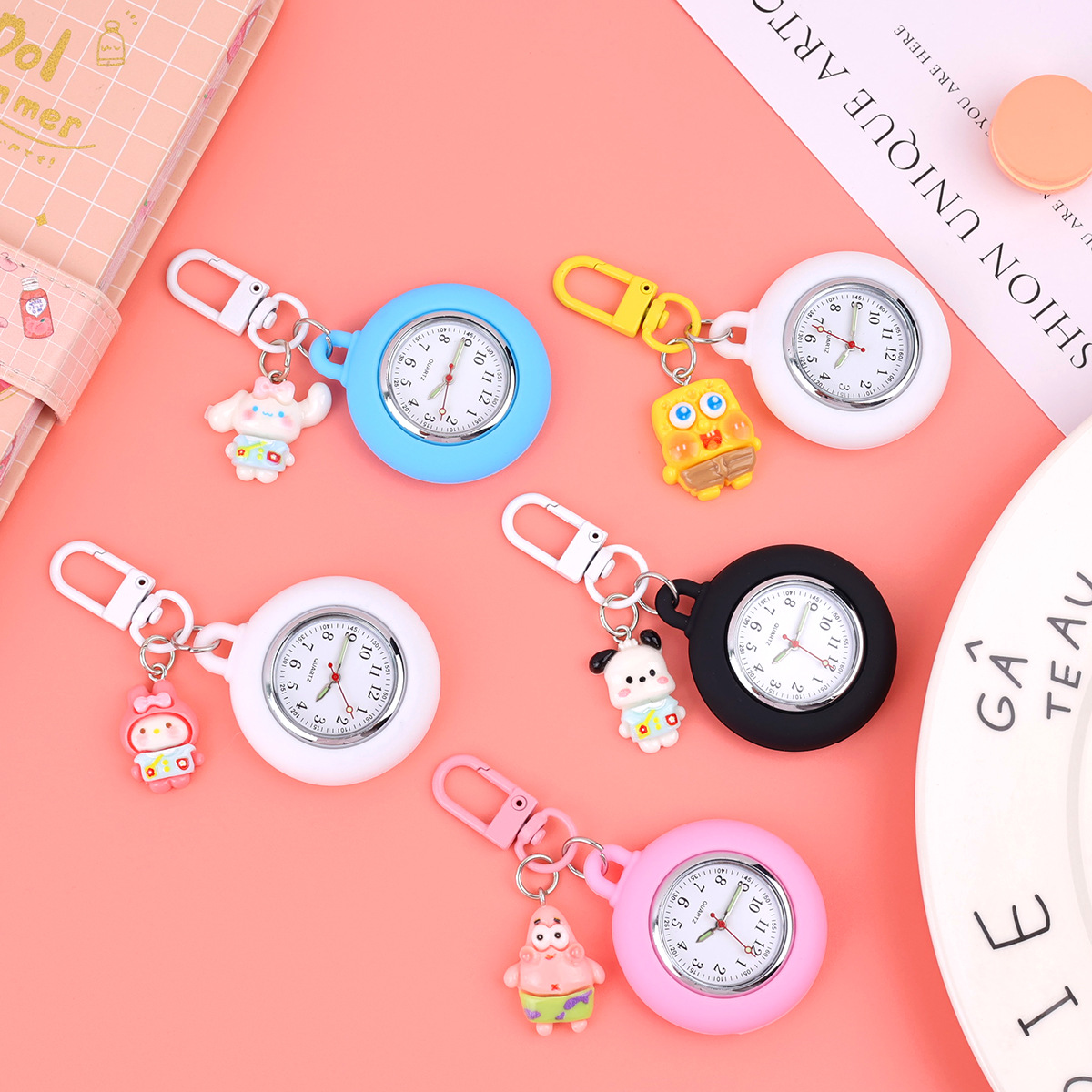 Wholesale Cartoon Keychain Pendant Watch Student Schoolbag Hanging Watch Round Quartz Luminous Pointer Men's and Women's Examination Pocket Watch